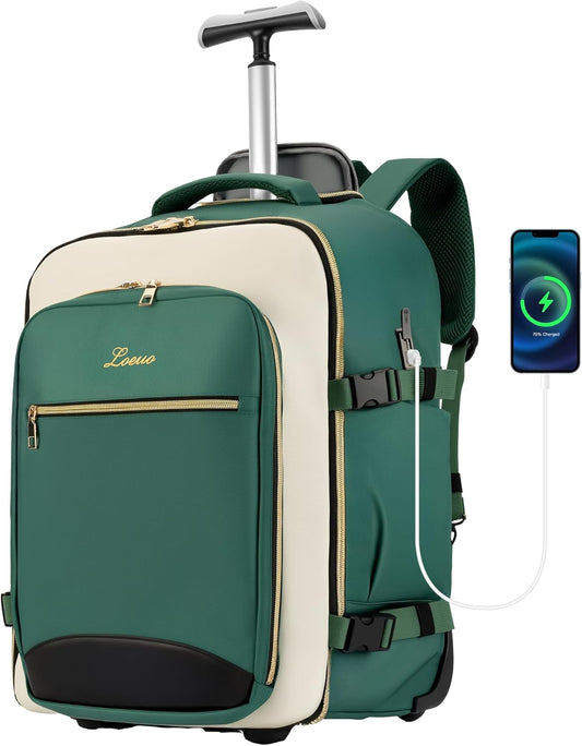 Carry On Backpack with Wheels for Adults, Airline Approved Rolling Backpack for Women, Foldable Bottom Travel Laptop Backpack (Deep Green)