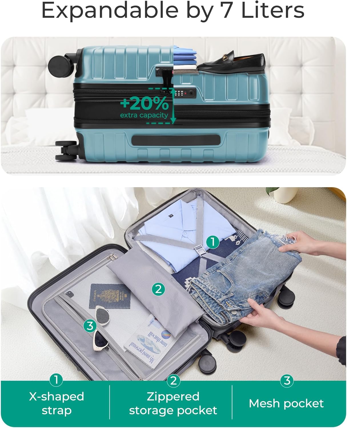 BAGSMART Carry On Luggage 22x14x9 Airline Approved with Spinner Wheels,Lightweight 20 Inch Luggage with TSA Lock,Expandable Hard Shell Carry On Suitcases for Men Women,Teal Blue