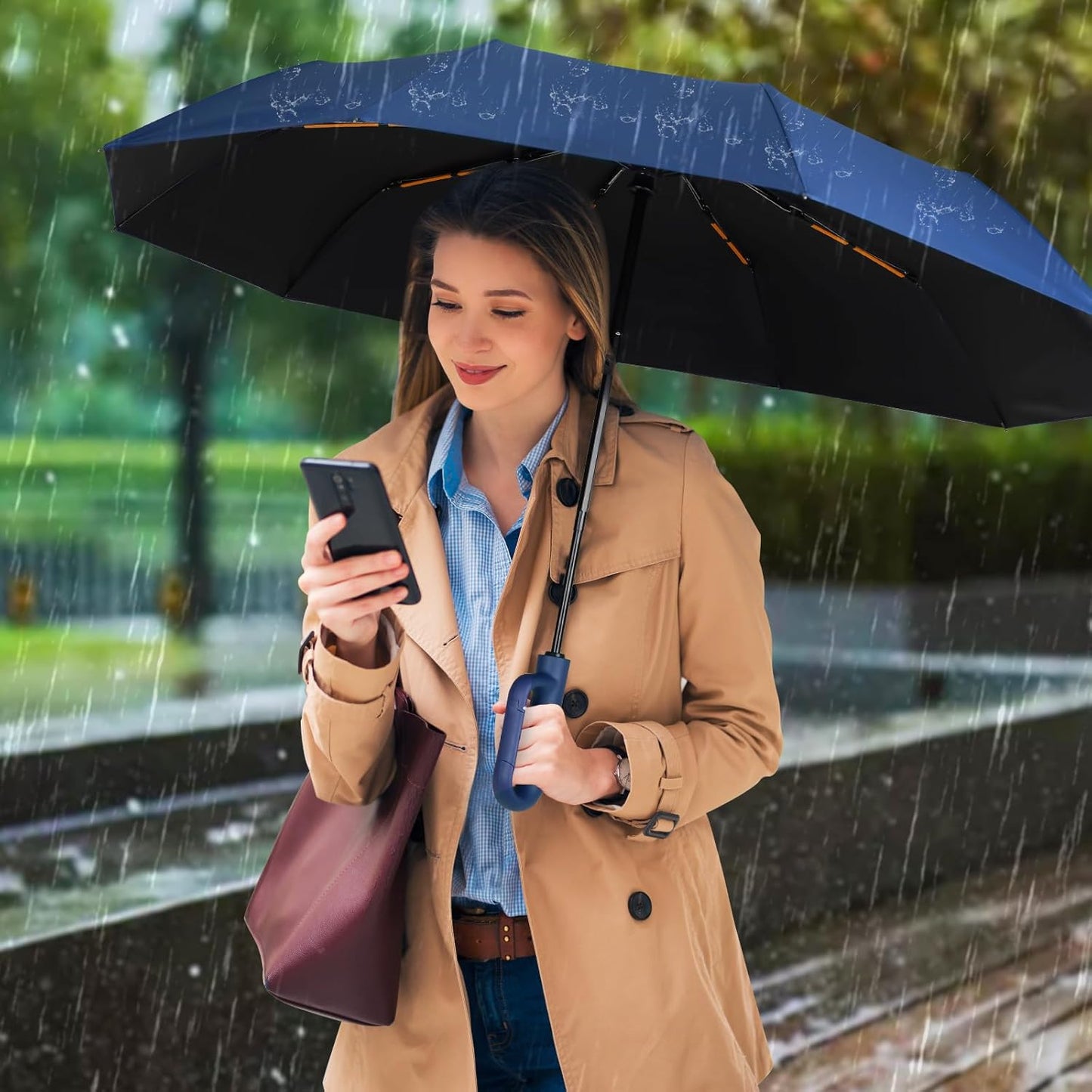Folding & Inverted Umbrella, Outdoor Travel Umbrella, 46 Inch Portable Reverse Folding Umbrella，Windproof Folding Umbrella for Men and Women