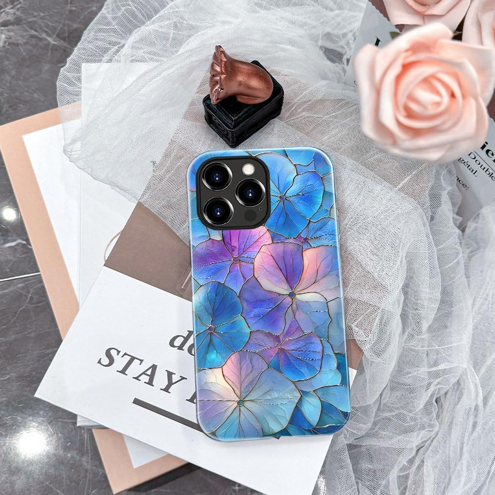 Case for iPhone 15 Pro Max - Slim Fit Anti-Scratch Phone Case for Girl Women - Blue Hydrangea Floral Stained Glass Aesthetic (Glossy)
