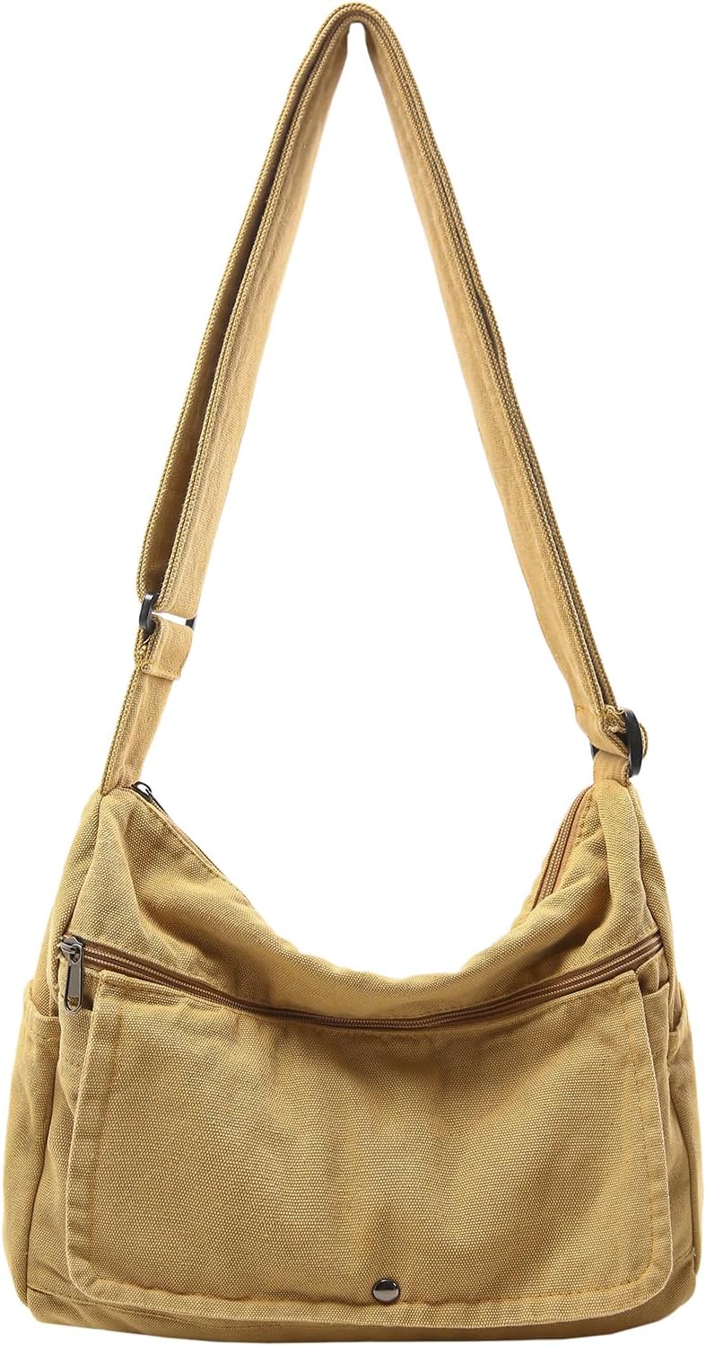 Canvas Messenger Bag for Women Hobo Crossbody Shoulder Bag Vintage Satchel Tote Handbag with Multiple Pockets
