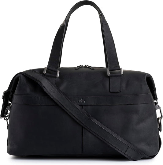 Black Top Grain Leather Duffle Bag for Men & Women - Large, Durable, Stylish Leather Travel Bag with Adjustable Shoulder Strap, Spacious Design for Weekend Getaways, Business, & Overnight Trips