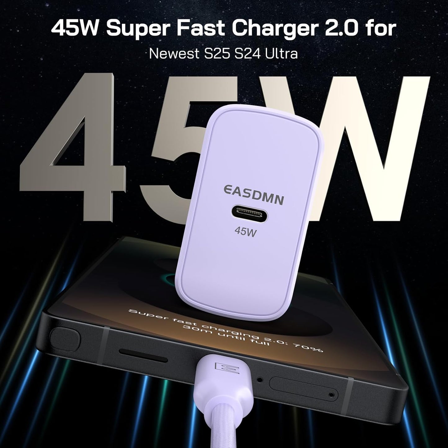45W Super Fast Charger Type C, [2 Pack] 45 Watt USB-C Charger PD/PPS Wall Charging Block for Samsung Galaxy S25 Ultra/S24/S23 Ultra/S23+/S22 Ultra/S22+/S20 Ultra, Tab S8(Purple, with 2X 10ft Cable)