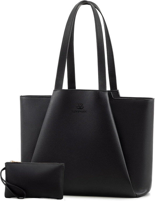LOVEVOOK Laptop Tote for Women - 15.6 Inch Faux Leather Laptop Bag with Clutch, Large Capacity Office Purse Computer Briefcase for Casual Business Travel, Black
