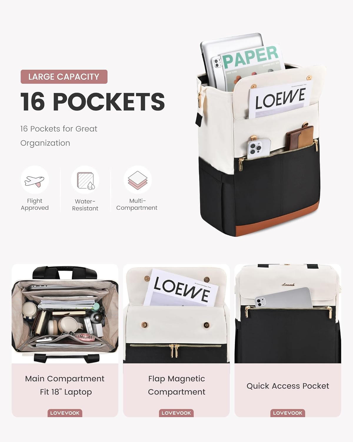 LOVEVOOK 18 Inch Laptop Backpack for Women, Large Capacity Travel Backpack with Organizer Bag, Waterproof Carry on Backpack Purse Work Bag with USB Port for College Teacher Nurse, 2PCS
