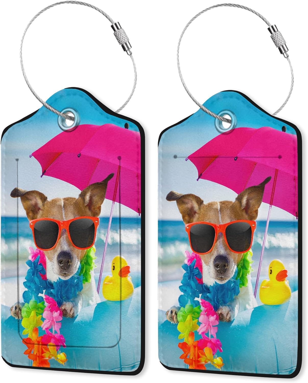 2 Pack PU Leahter Luggage Tag with Stainless Steel Loop,Funny Dog Luggage Tag Travel Suitcase Labels with Privacy Cover ID Label Quickly Spot for Bags & Baggage