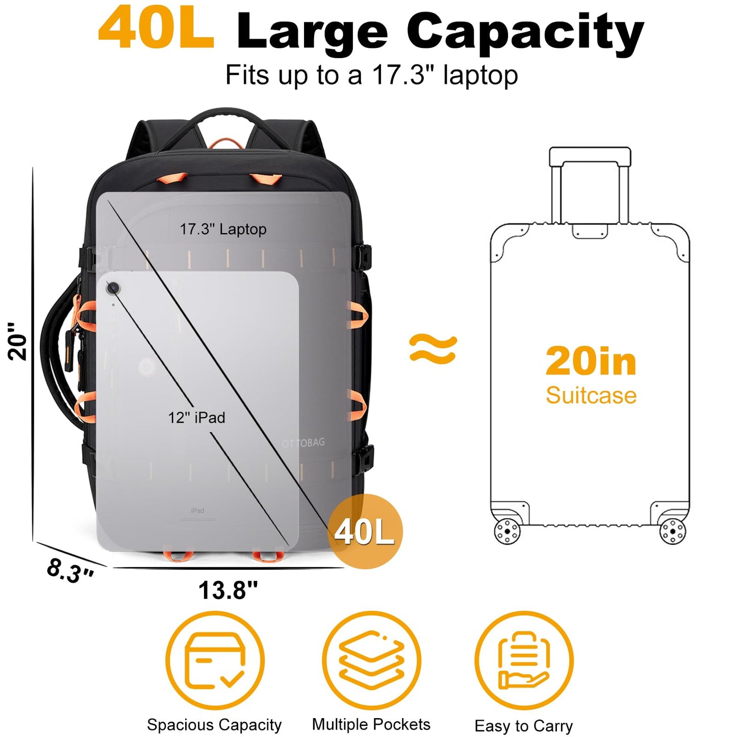 OTTOBAG 40L Travel Backpack 17.3" Laptop Carry On Duffel Flight Approved