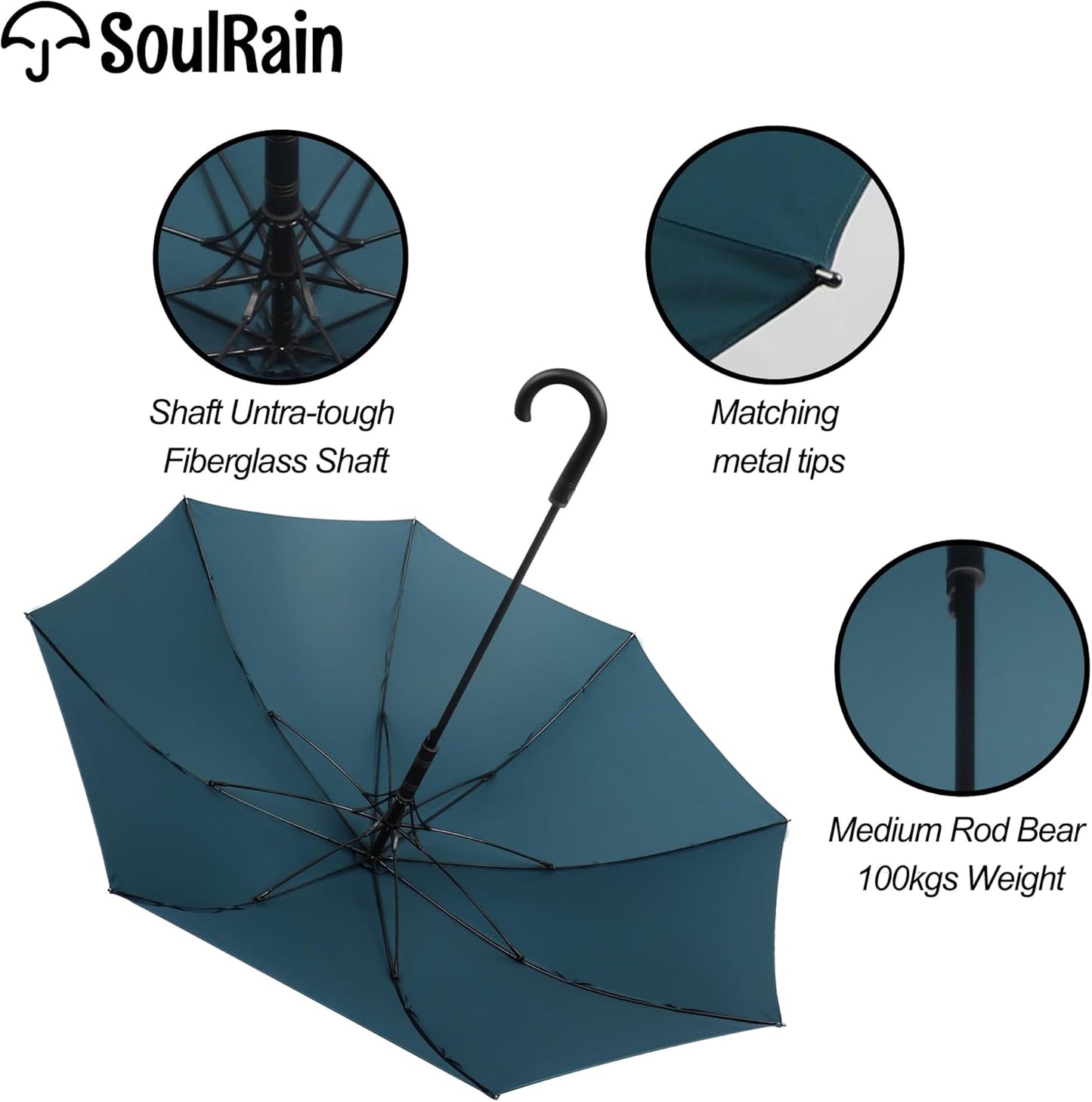 SoulRain 50 Inch Large Stick Umbrella Windproof Automatic Open Oversized J Handle Umbrellas for Men and Women Unbreakable Strong Travel Golf Umbrella