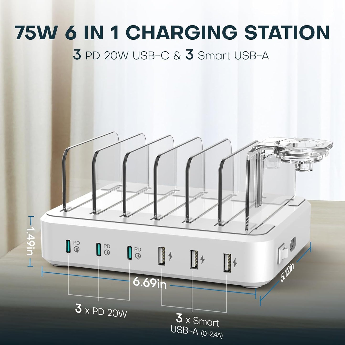 Charging Station for Multiple Devices,75W 6 Port Multi USB C Fast Charger Station with 7 Mixed Charging Cables,USB Charging Dock Compatible with iPhone, Samsung, iPad, Tablet and More