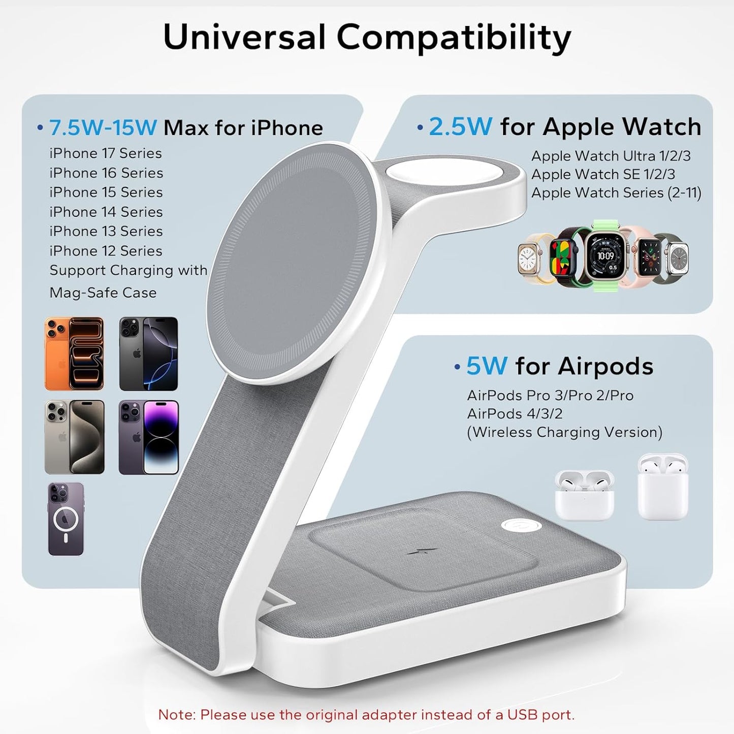 3 in 1 Foldable Wireless Travel Charging Station for MagSafe, Nightstand Magnetic Charger Stand for iPhone 17 16 15 14 Pro Max, Charging Dock with Night Light for Apple Watch/AirPods (White)