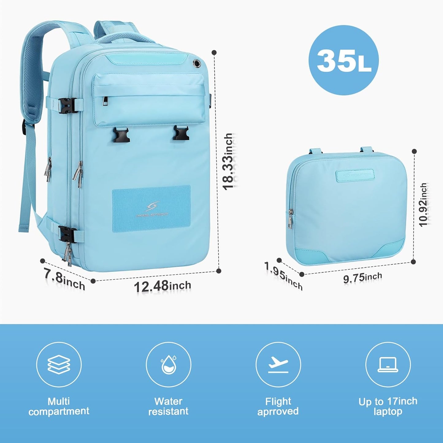 Maelstrom Travel Backpack for Women Men,35L Laptop Backpack Fits 17-Inch Laptop, Waterproof School Work Backpack for Airplanes with Detachable Crossbody Bag & Shoe Compartment (Blue, Large-Upgrade)