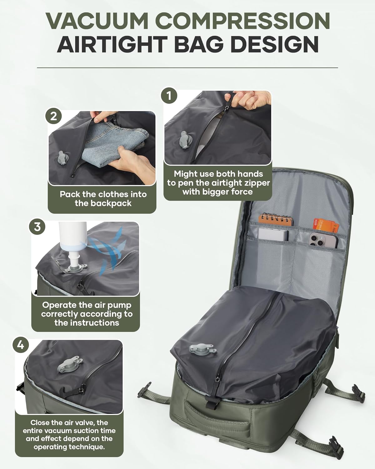 Vacuum Backpack Travel with Pump,Travel Backpack with Vacuum System, Shoe Compartment,United Airlines Personal Item Bag 17x10x9,Mochila compresion al vacio,Brown Green