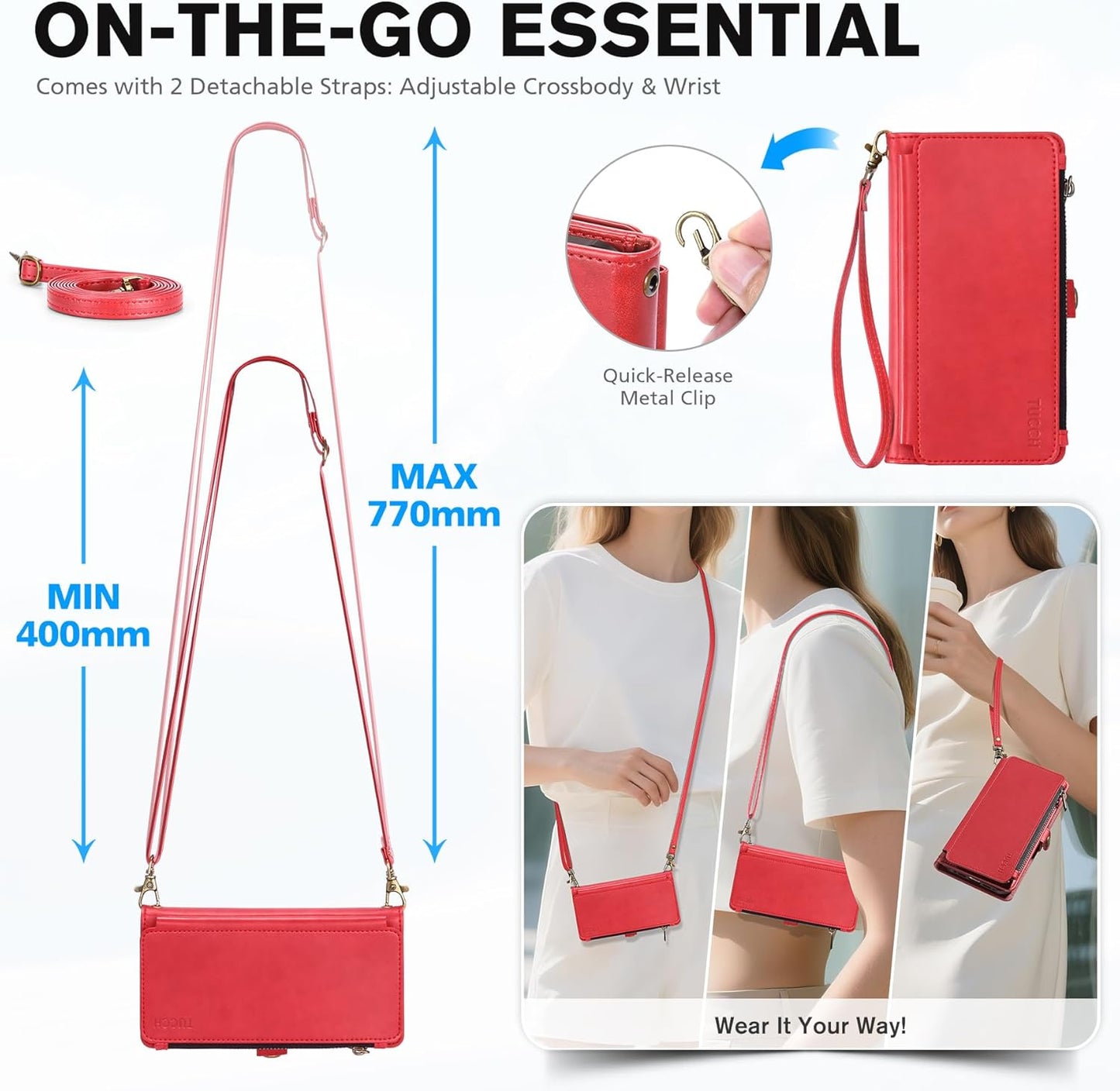 TUCCH Detachable Crossbody Wallet Case for iPhone 17 6.3", 9 Card Slots RFID Blocking | Stand | Lanyard | Wrist Strap | Wireless Charging | Zipper Pocket | PU Leather | Magnetic Flip Cover | Red