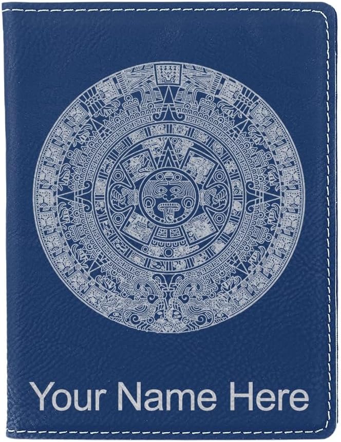 LaserGram Faux Leather Passport Holder, Aztec Calendar, Personalized Engraving Included (Dark Blue)