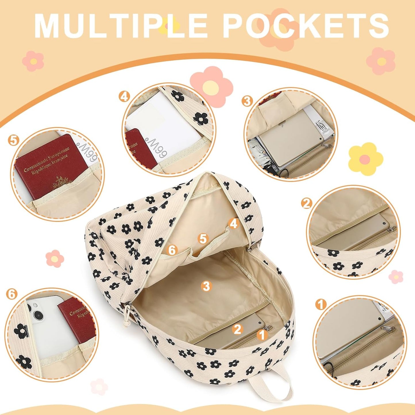 School Backpack for Teen Girls Bookbags Elementary High School Corduroy Laptop Bags Women Travel