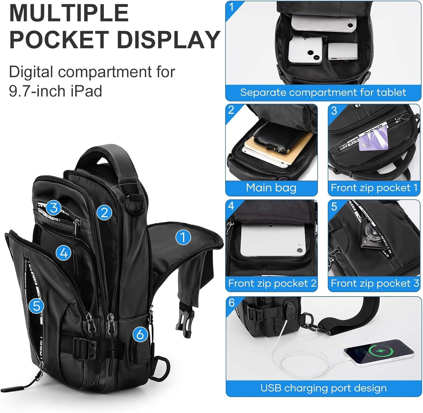 SEAFEW Small Black Sling Crossbody Bag for Men Women, Tactical Backpack Shoulder Daypack Mini Anti-Theft Motorcycle Chest Bags, Small One Strap Backpack for Casual Travel Hiking Outdoor Sports School