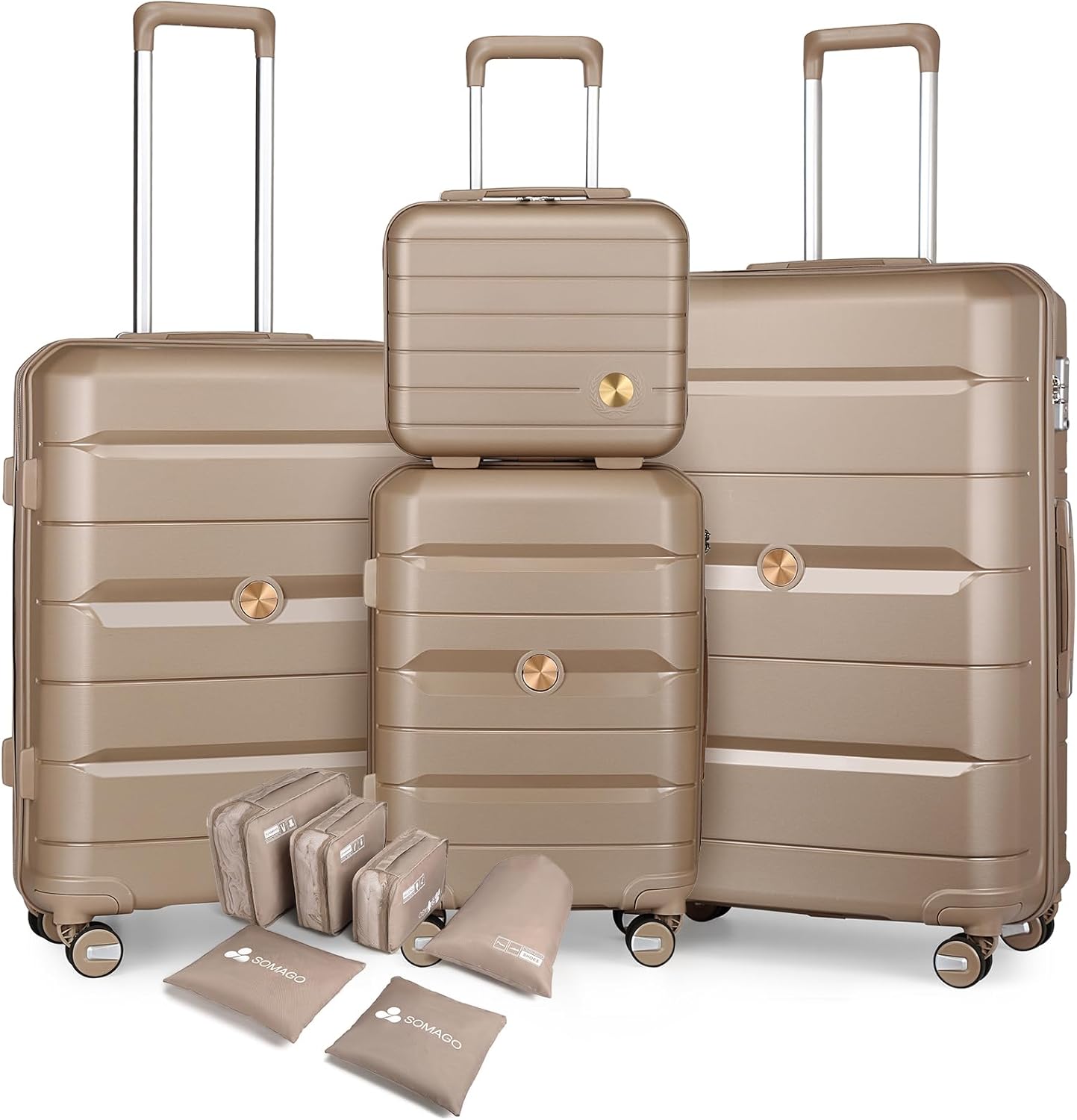Somago Luggage Sets and Packing Cube Travel Set Lightweight Hardside Polypropylene Suitcases with Double Spinner Wheels and TSA Lock,Noble Golden