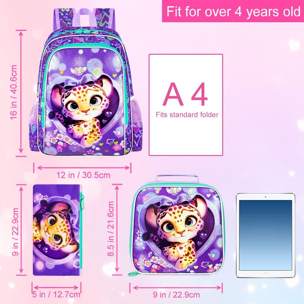 3PCS Girls Backpack, Kids Water Resistant Heart Bookbag Set with Lunch Box, Cute Kids School Bag for Preschool Toddler
