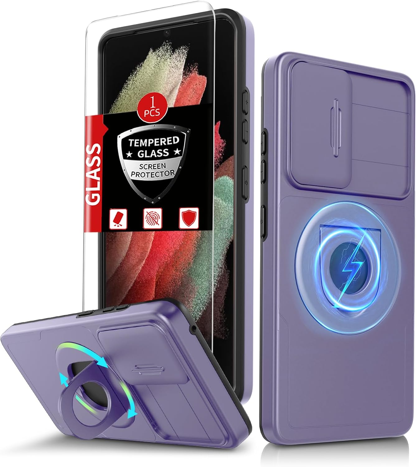 for Samsung Galaxy S21Ultra Case Magnetic Compatible with MagSafe Wireless Charging,with Screen Protector,Built-in Stand Ring+Camera Cover Anti-Scratch Shockproof Heavy Duty Protection Purple
