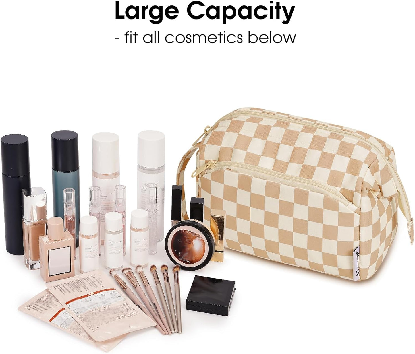 Narwey Large Checkered Makeup Bag Women Wide-open Make up Bag Travel Cosmetic Bag Organizer