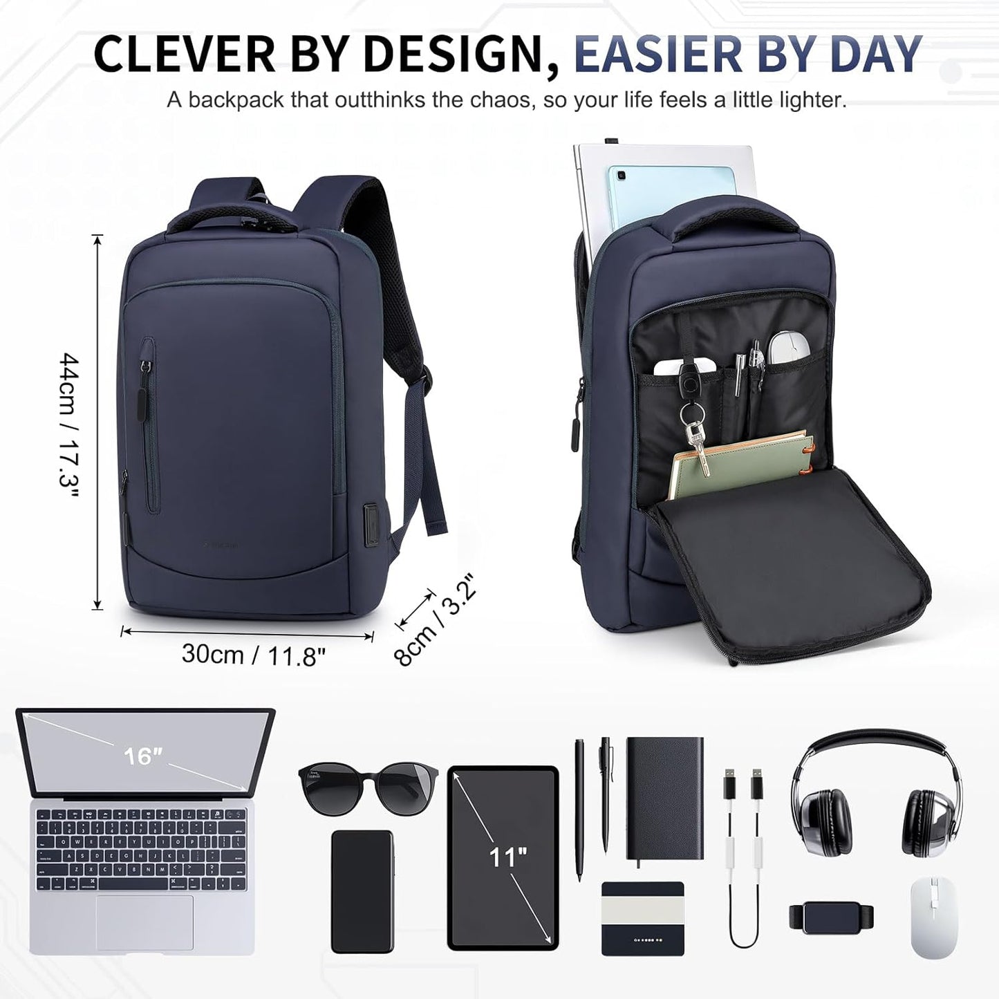 Shockproof Slim Laptop Backpack for Man, Fits 15.6" Laptops, Water Resistant Business Bag with USB A/C Port & Anti-Theft Pocket, Blue