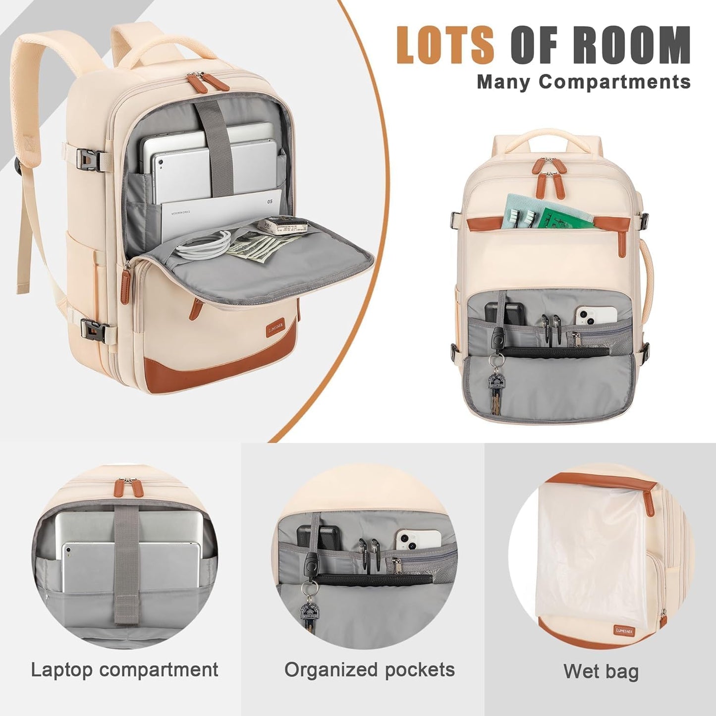 50L Travel Backpack with USB Charging Port, Water-Resistant Carry On Backpack for Men Women