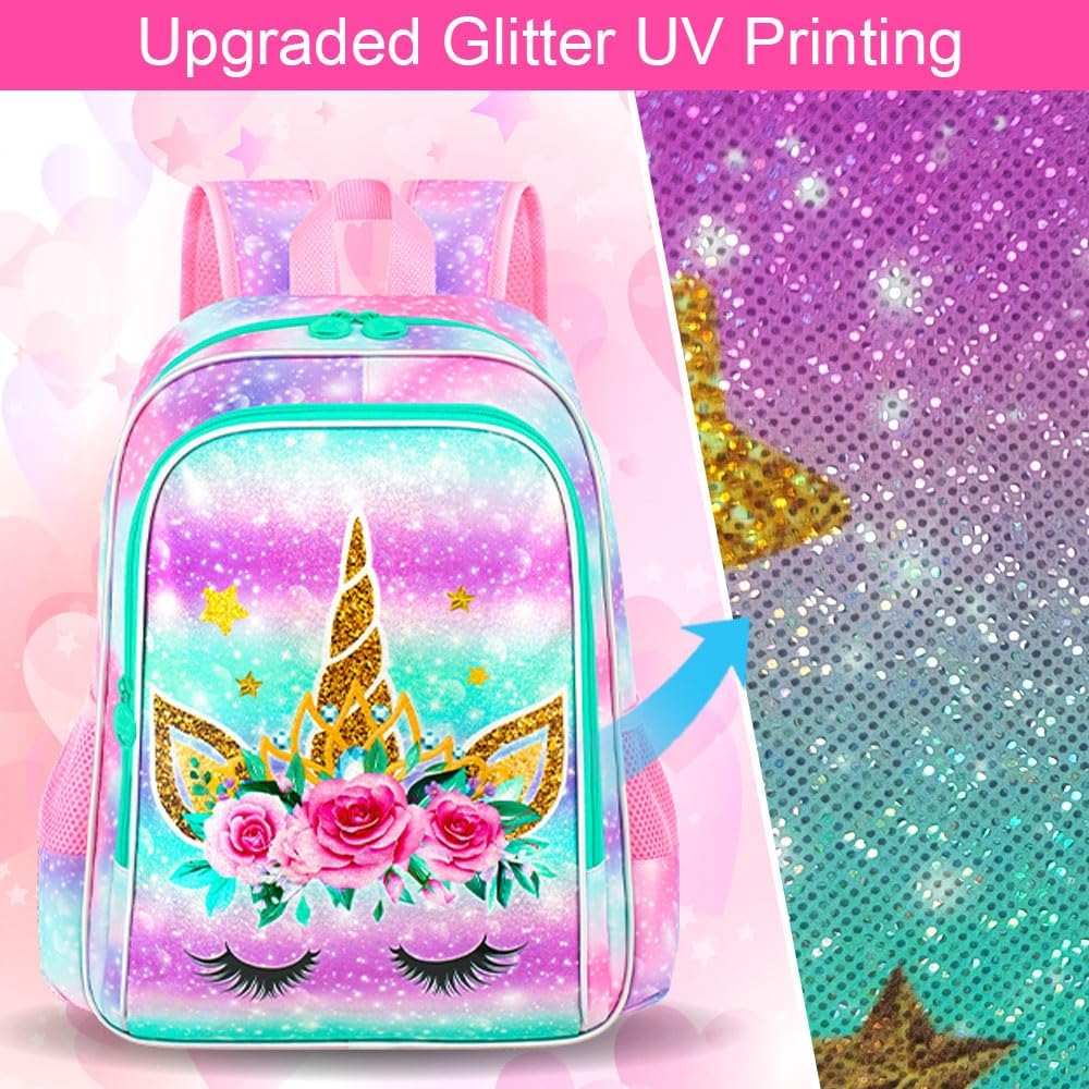 CCJPX 3PCS Unicorn Backpack for Girls, 16”Kids Bookbag with Lunch Box, Cute Water Resistant