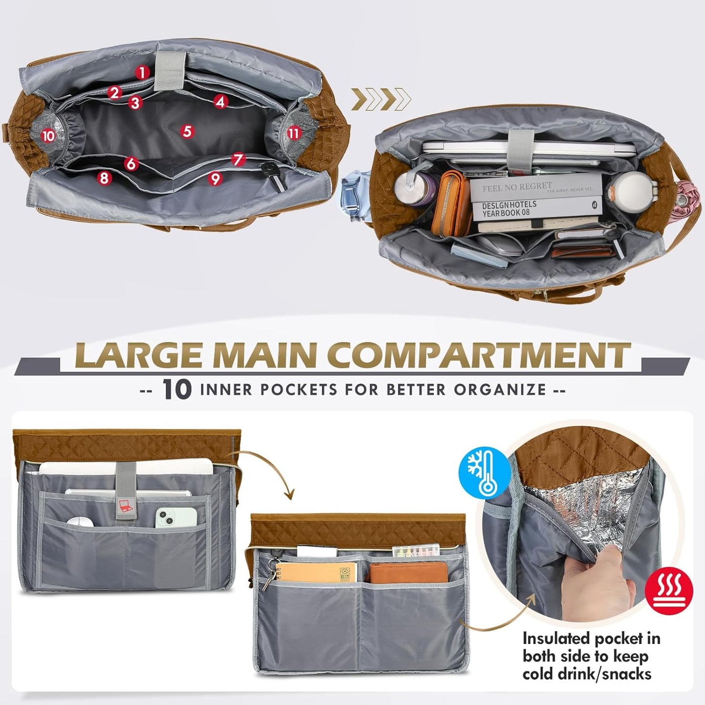 RAINSMORE Teacher Tote Bag 15.6 inch Laptop Bag for Women Work Bags Laptop Tote Nurse Bag Professional Computer Messenger with Insulated Pocket, Laptop Briefcase for Office, College, Nursing, Brown