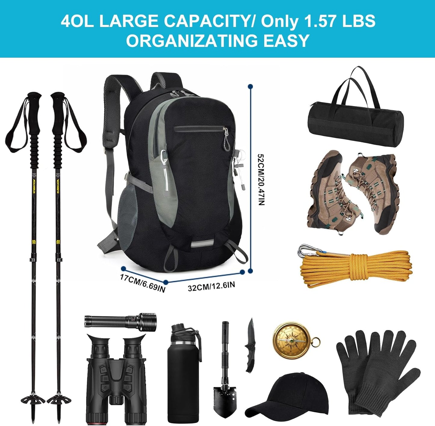 Long Keeper Hiking Backpack Water Resistant Camping Daypack Lightweight Outdoor Sport Backpack for Trekking Climbing Cycling (Black)