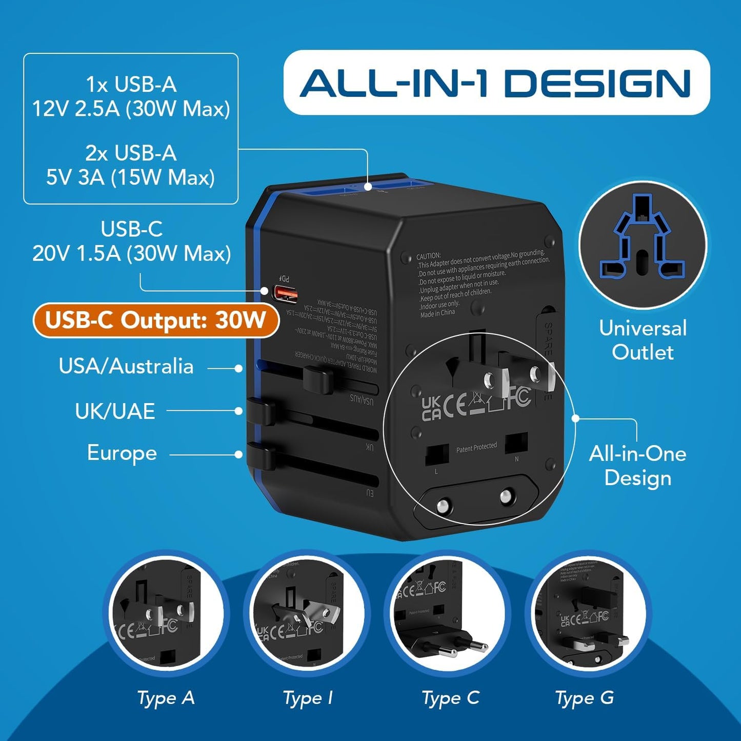 Ceptics International Power Adapter, World Travel adapter w/ PD 30W USB-C - 2 USB-A Ports Universal
