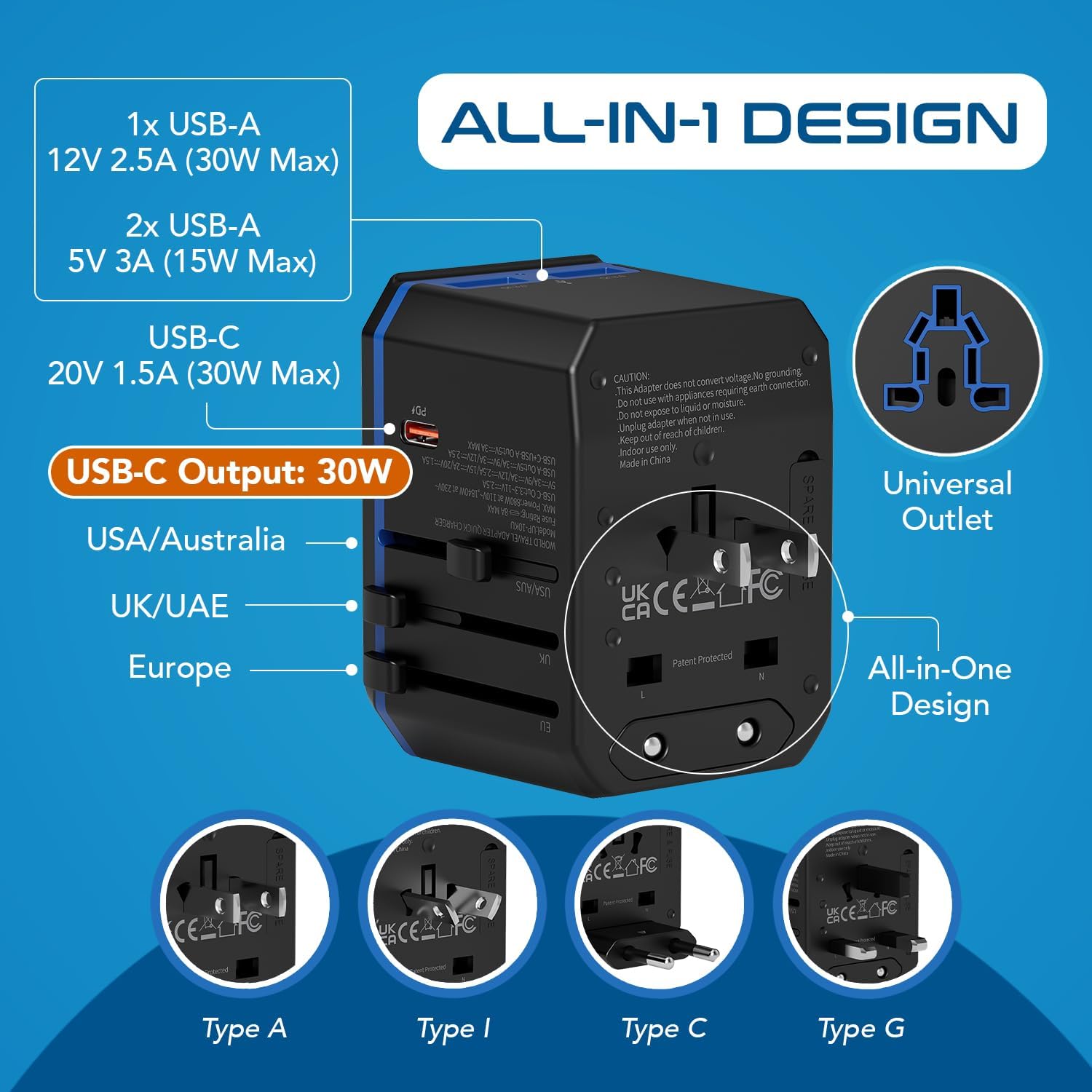 Ceptics International Power Adapter, World Travel adapter w/ PD 30W USB-C - 2 USB-A Ports Universal