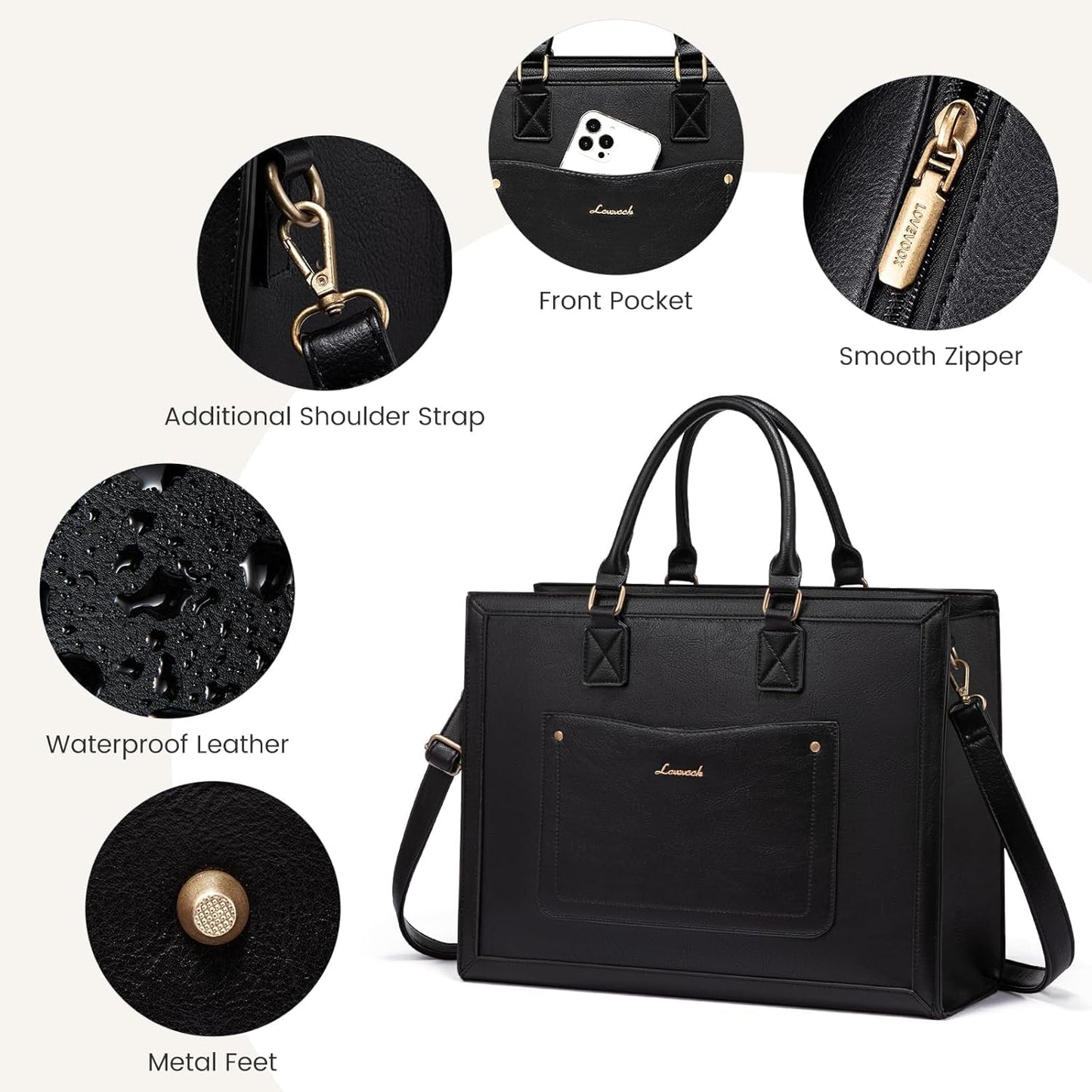 LOVEVOOK Laptop Tote Bag for Women, 15.6 Inch Work Bags, Vintage Leather Tote Bag, Waterproof Computer Bags with Clutch Purse, Large Capacity Messenger Bag for Teacher College Business Office