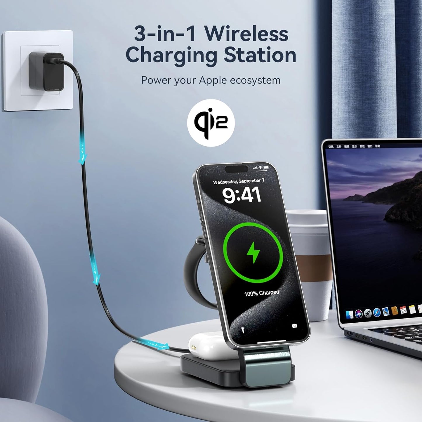 3-in-1 Wireless Charging Station for Apple Devices, Qi2 Certified 15W Charger Stand, Magnetic Foldable Fast Charger for iPhone 16/15/15 Pro/14/13/12, Apple Watch, AirPods (30W USB-C Charger Included)