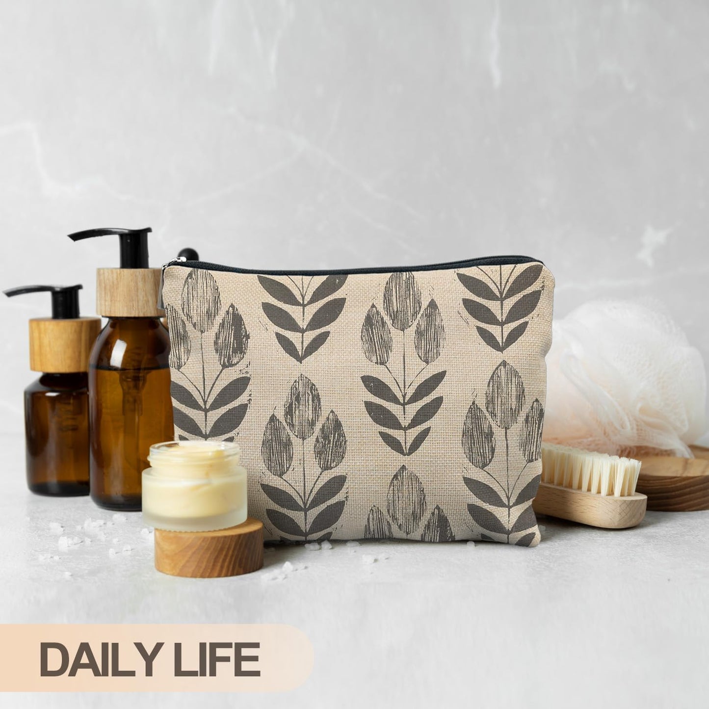 Vintage Boho Beige Floral Makeup Bag, Modern Farmhouse Green Tulip Flower Cosmetic Bags for Women, Contemporary Leaf Botanical Zipper Makeup Pouch