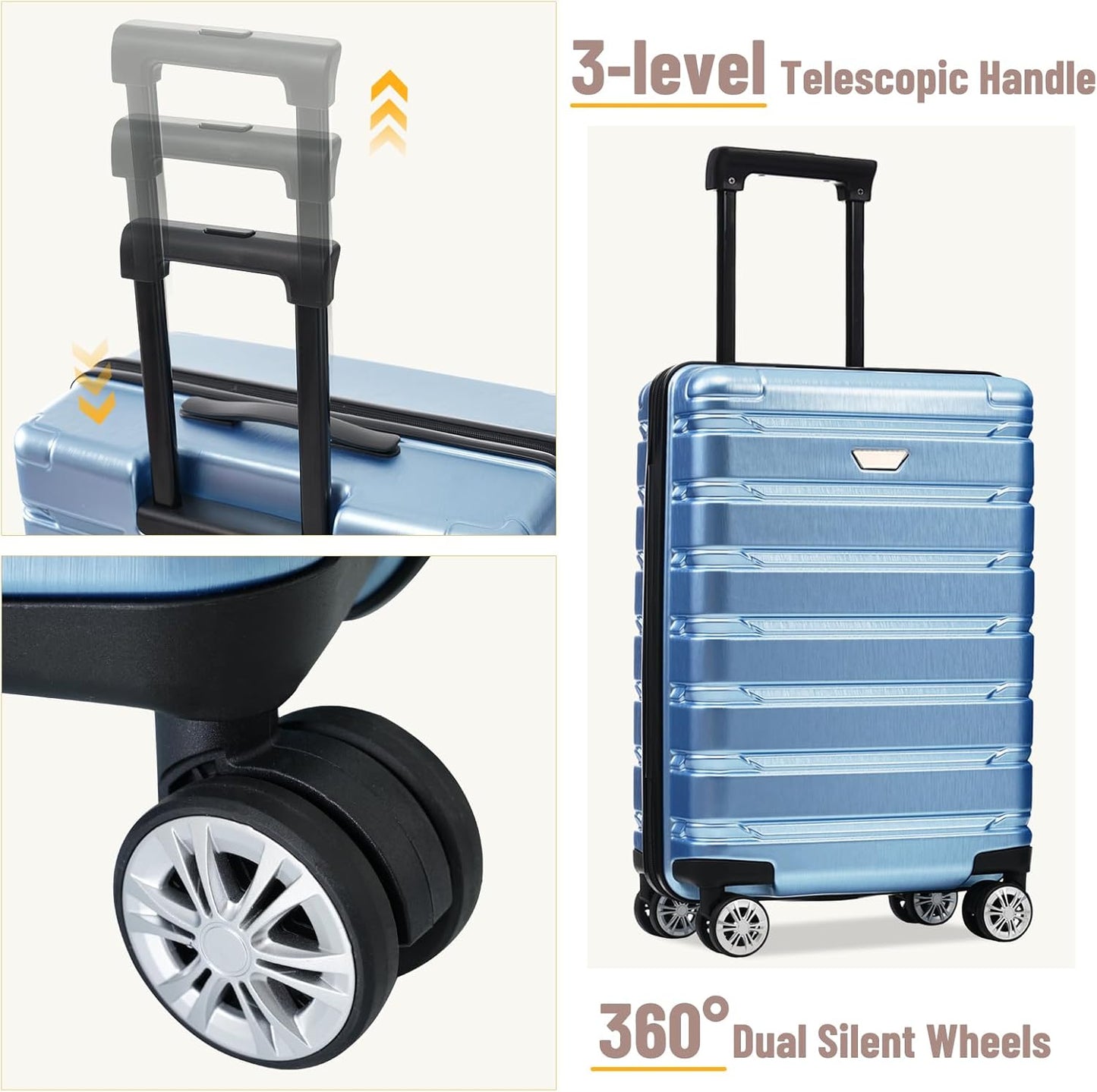 Merax Hardshell 3 Piece Luggage Set with Spinner Wheels, Light Blue, 20/24/28 Inch