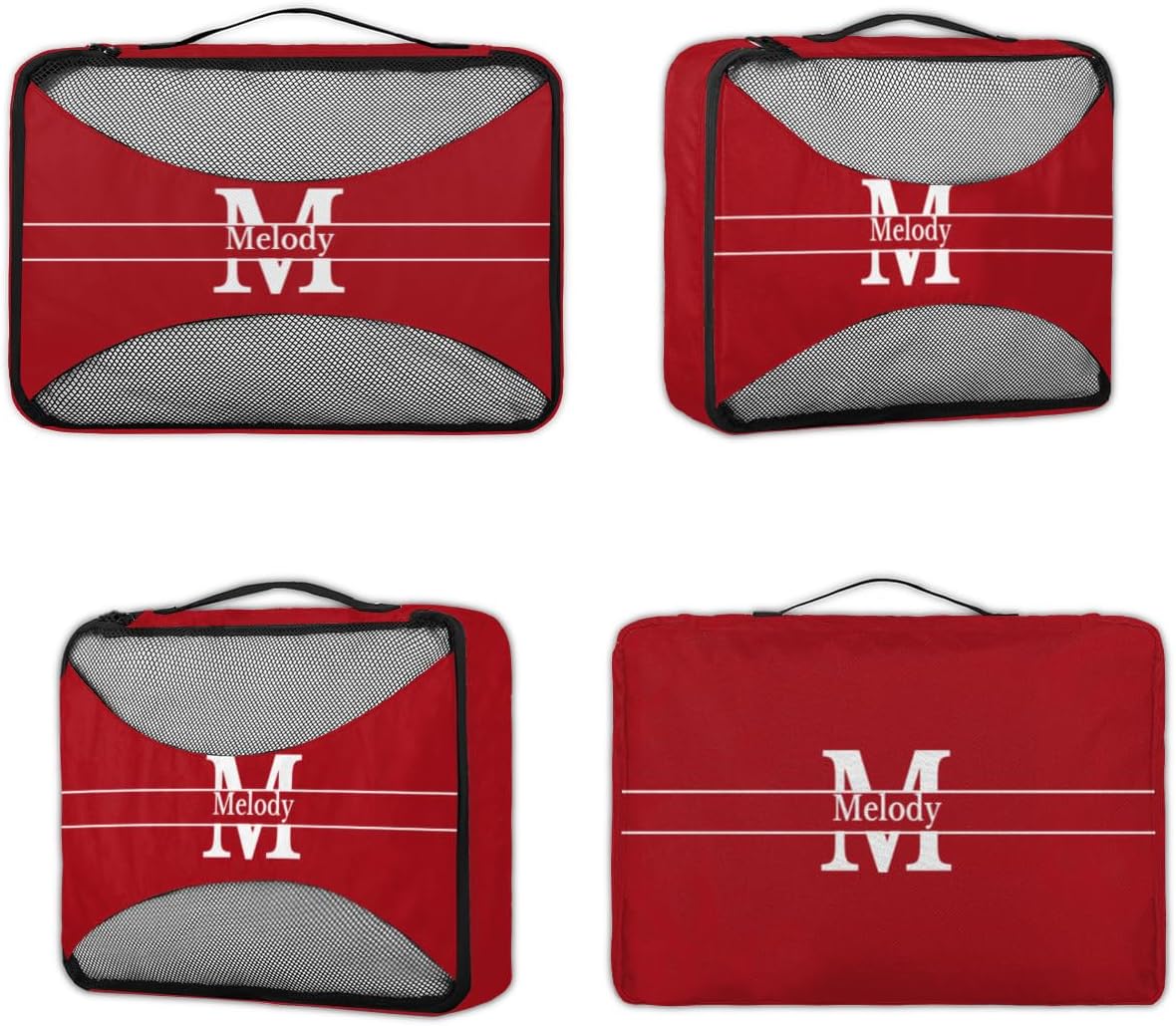 4pc Personalized Name Packing Cubes for Travel - Luggage Packing Organizers - Travel Packing Cubes for Suitcases, Solid Red Color with Initial Letter