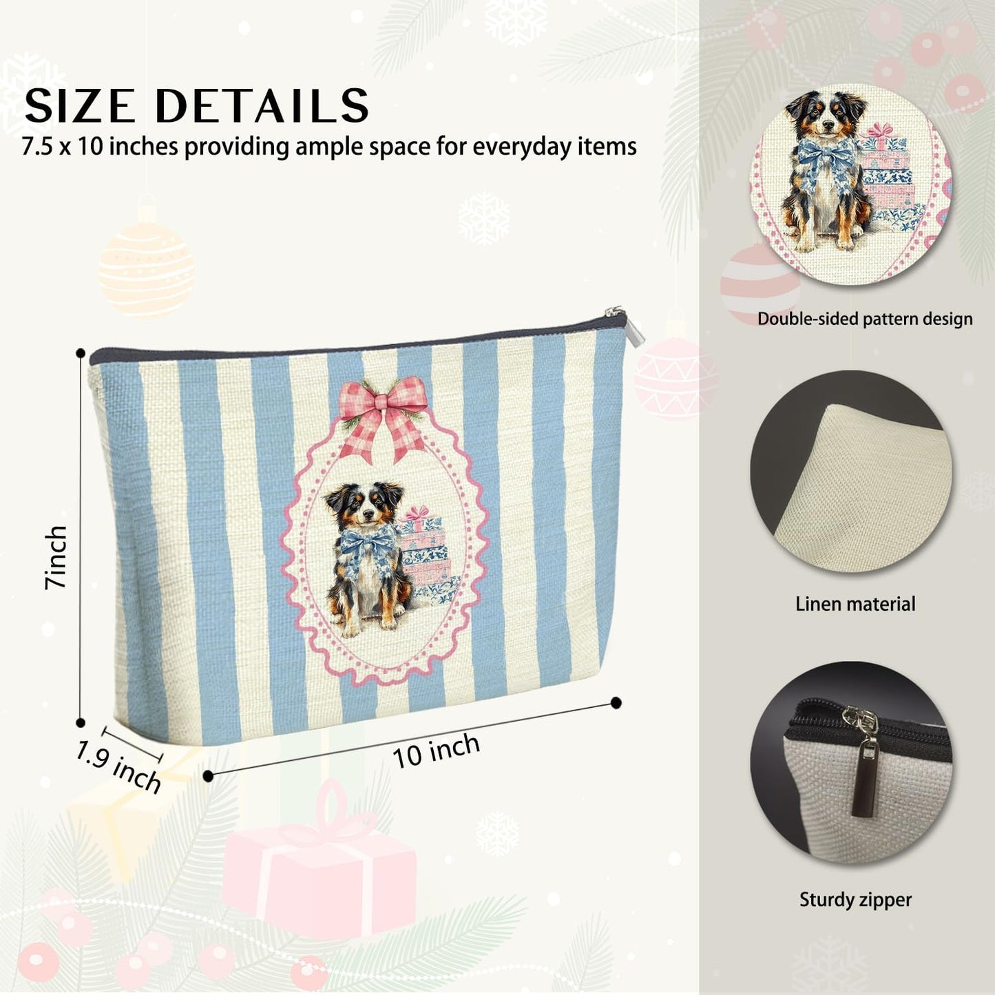 Coquette Chinoiserie Christmas Australian Shepherd Makeup Bag Gifts for Women, Preppy Grandmillennial Aussie Dog Cosmetic Bag, Xmas Blue Striped Zipper Makeup Pouch Travel Toiletry Bag
