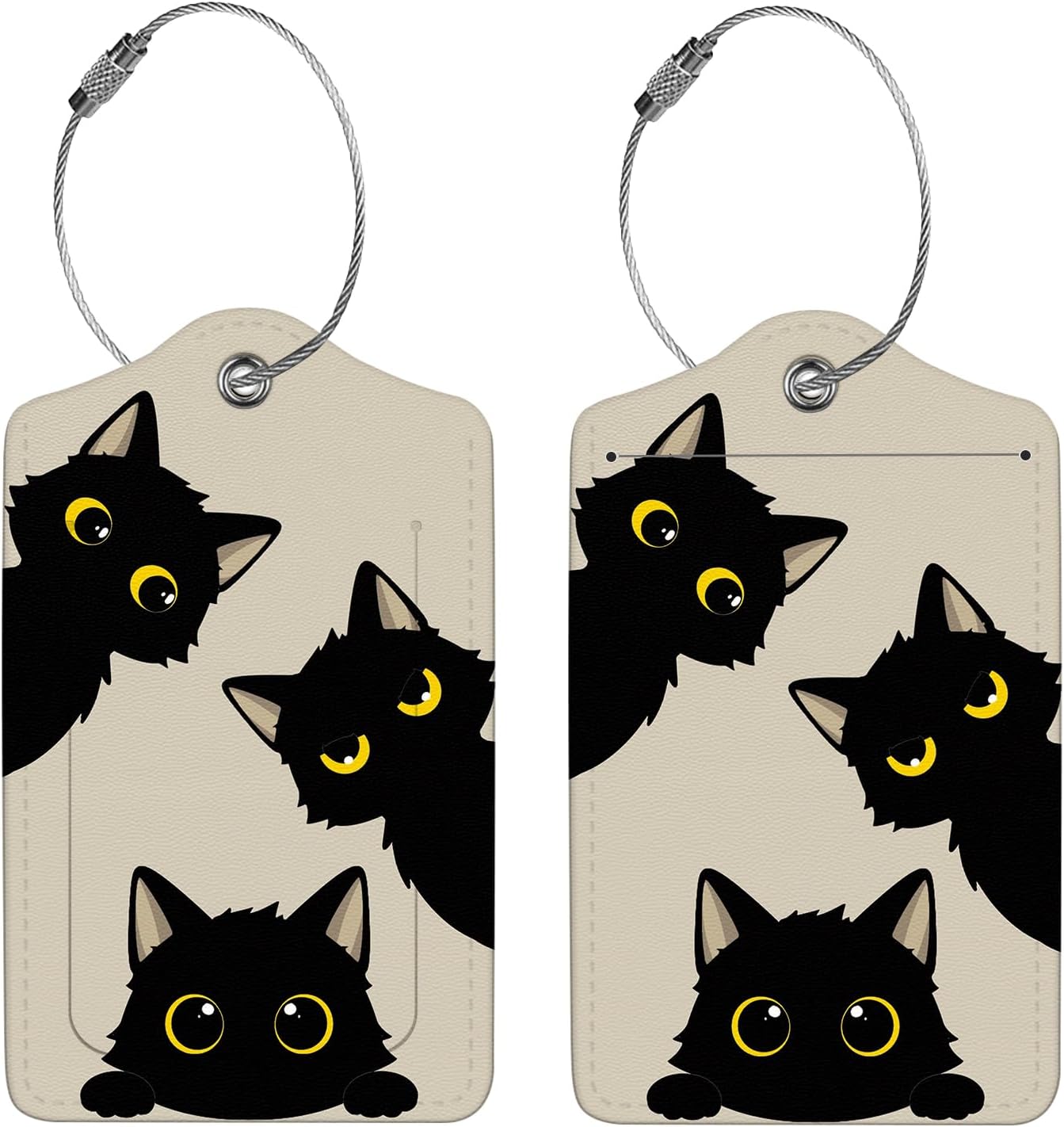 2 Pcs Luggage Tags for Suitcase, Cute Unique PU Leather Travel Bag Tag with Privacy Cover ID Label Address Card and Durable Metal Ring Suitable for Men Women Children Backpack,Three Black Cats