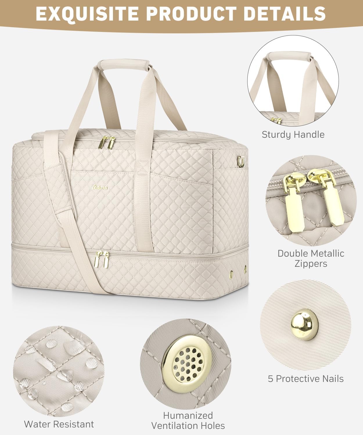 Duffle Bag for Travel, Weekender Bag with Shoe Compartment, Carry On Overnight Bag for Women with Toiletry Bag Duffel Bags with Wet Pocket for Gym Hospital Bags for Labor and Delivery Beige