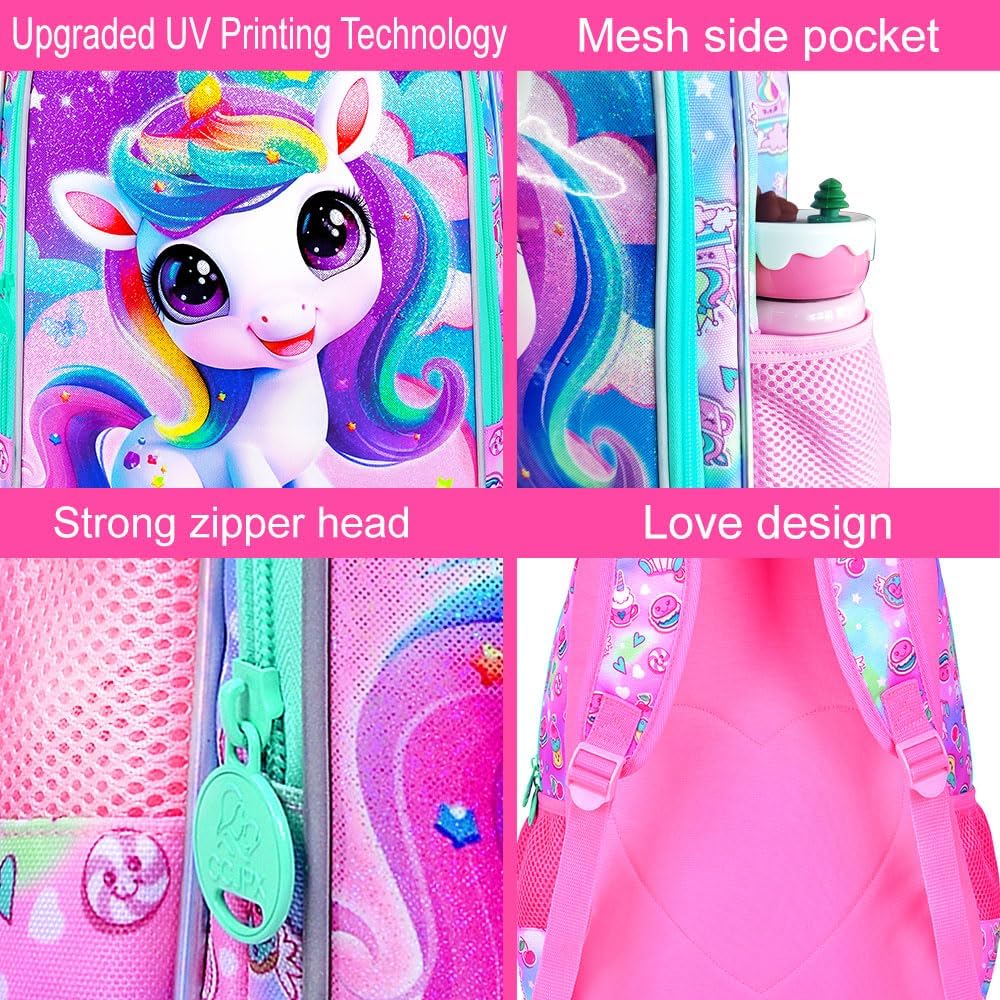 3PCS Unicorn Backpack for Girls, Water Resistant Kids Bookbag Set with Lunch Box, Cute School Bag for Preschool Toddler