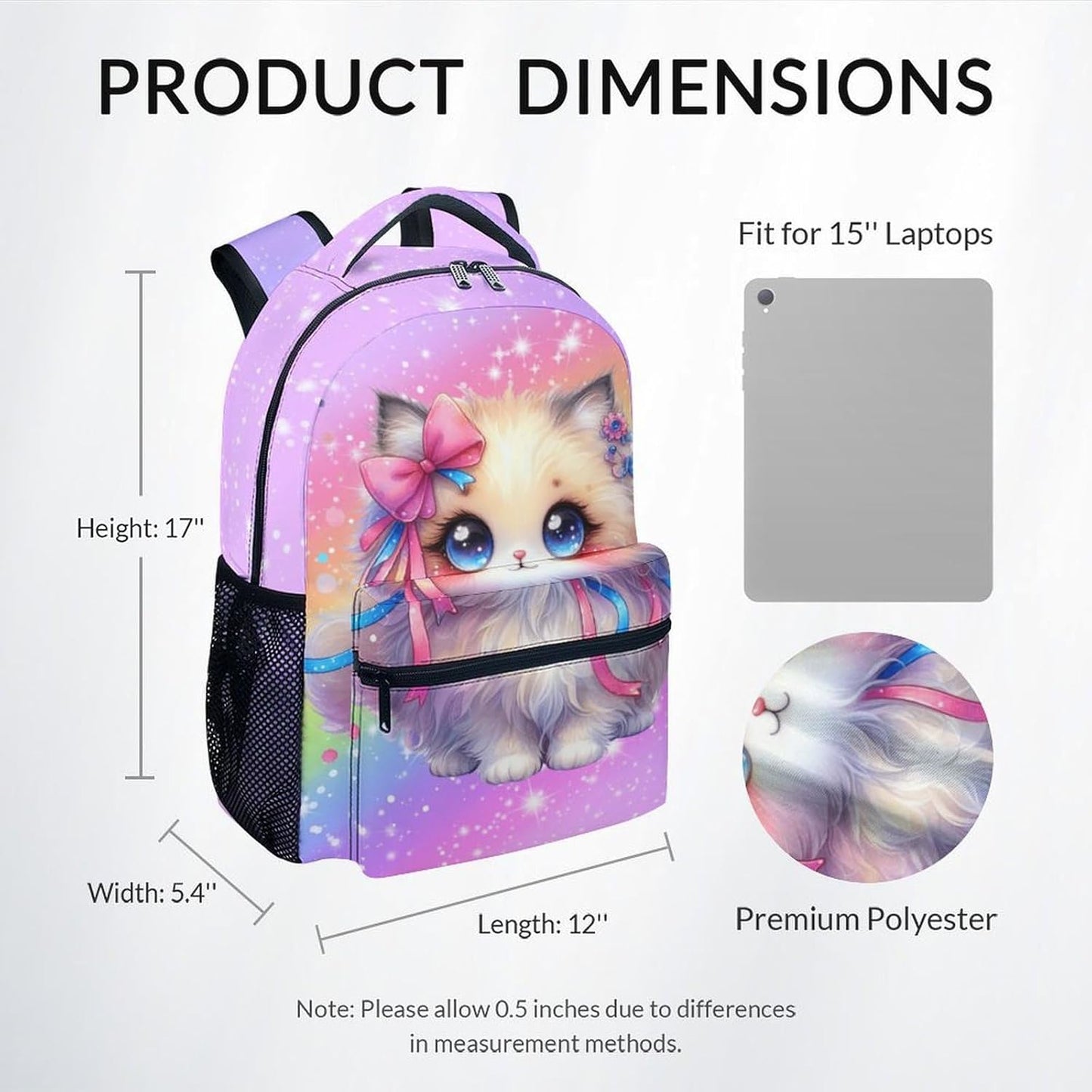 School Backpack for Girls, Cat Backpack for Kids, 17" Cute Rainbow Bookbag for Toddler, School Bag for Preschool Kindergarte Elementary