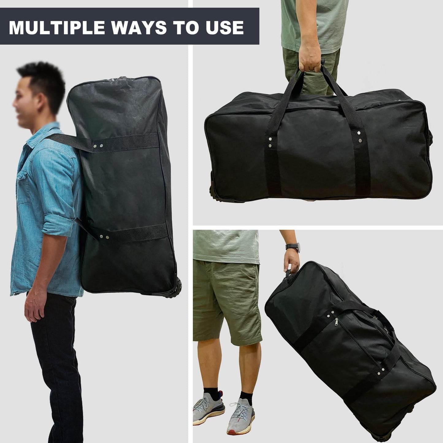 34 inch Large Foldable Duffle Bag with Wheels 600D Oxford Collapsible Large Heavy Duty Cargo Duffel Storage Duffel with Rollers for Camping Travel Gear, Black.