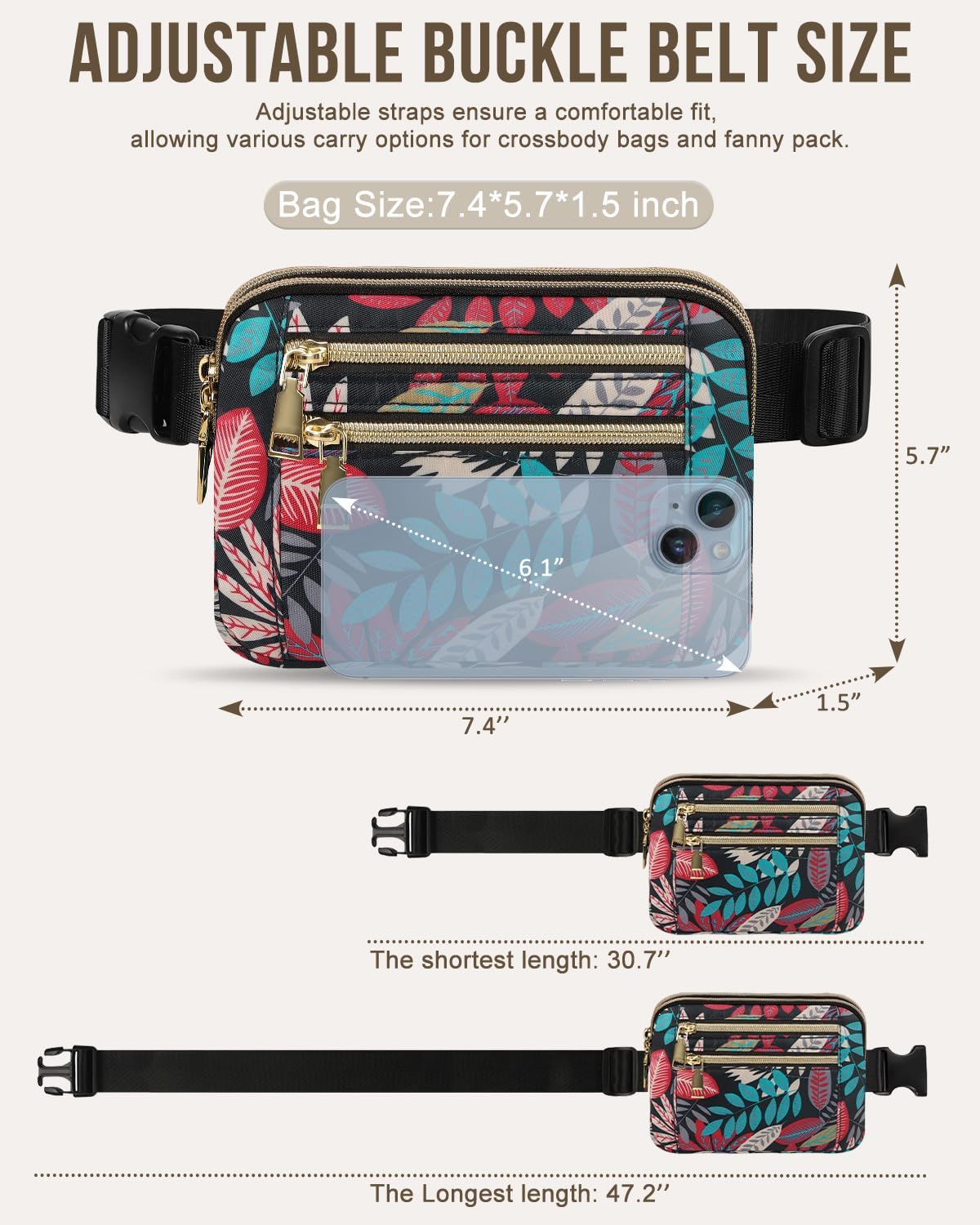 Capolo Fanny Packs for Women Fashion Waist Packs Bag with Adjustable Strap and 4 Zipper Pockets Waterproof Everywhere Crossbody Belt Bag for Workout Running Travelling(Red Leaves)