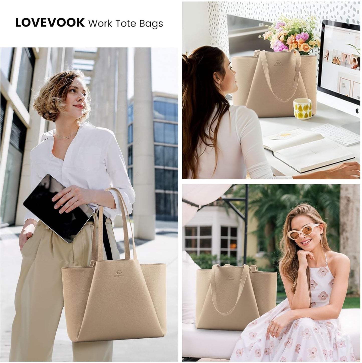 LOVEVOOK Laptop Tote for Women - 15.6 Inch Faux Leather Laptop Bag with Clutch, Large Capacity Office Purse Computer Briefcase for Casual Business Travel,Sandy