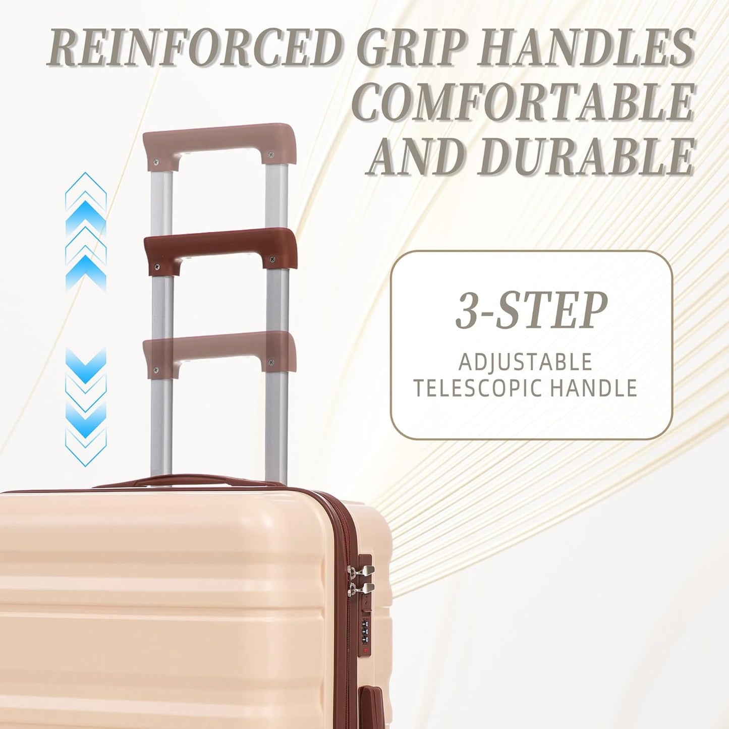 Campfun 3 Piece Luggage Sets, ABS Suitcase Set with Double Spinner Wheels Hang Hook, Durable Carry On Luggage with Combination Lock, 20/24/28 inch, Beige