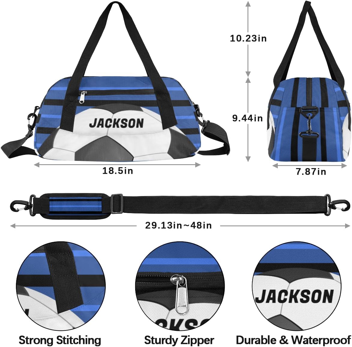 Soccer Ball Custom Name Kids Overnight Duffel Bags Boys Blue Stripe Personalized Sport Gym Bag Customized Duffel Bag for Travel Weekender Practice Gymnastics