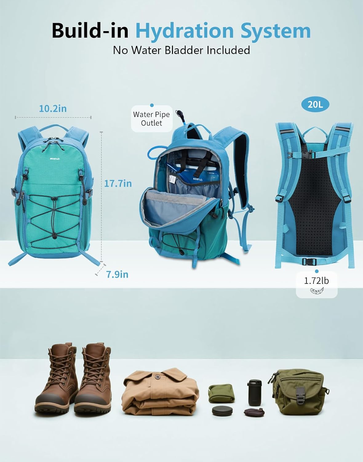 ECOHUB Small Hiking Backpack for Men Women, 20L Lightweight Travel Backpacks Water Resistant