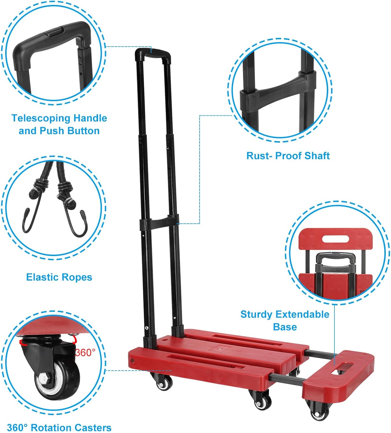 PATIKIL Folding Hand Truck, 440lb Heavy Luggage Cart Portable Duty Dolly for Moving PU Wheels & 2 Elastic Ropes Travel Shopping House Office Use, Green
