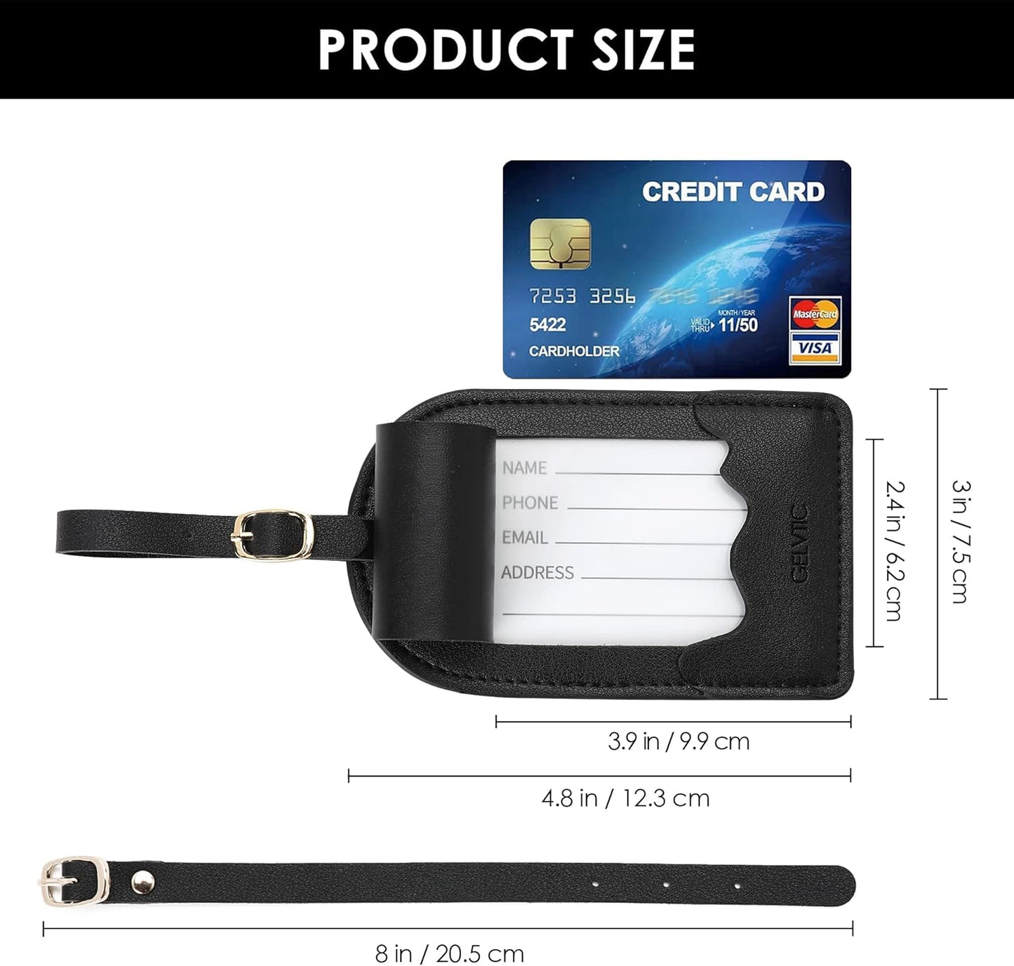 Faux Leather Luggage Tags for Suitcase Tag Set Privacy Protection with Identifie Name Lable ID Card Baggage tag for Men Women Travel Accessories, 2/4 Pack (LT07-Black)