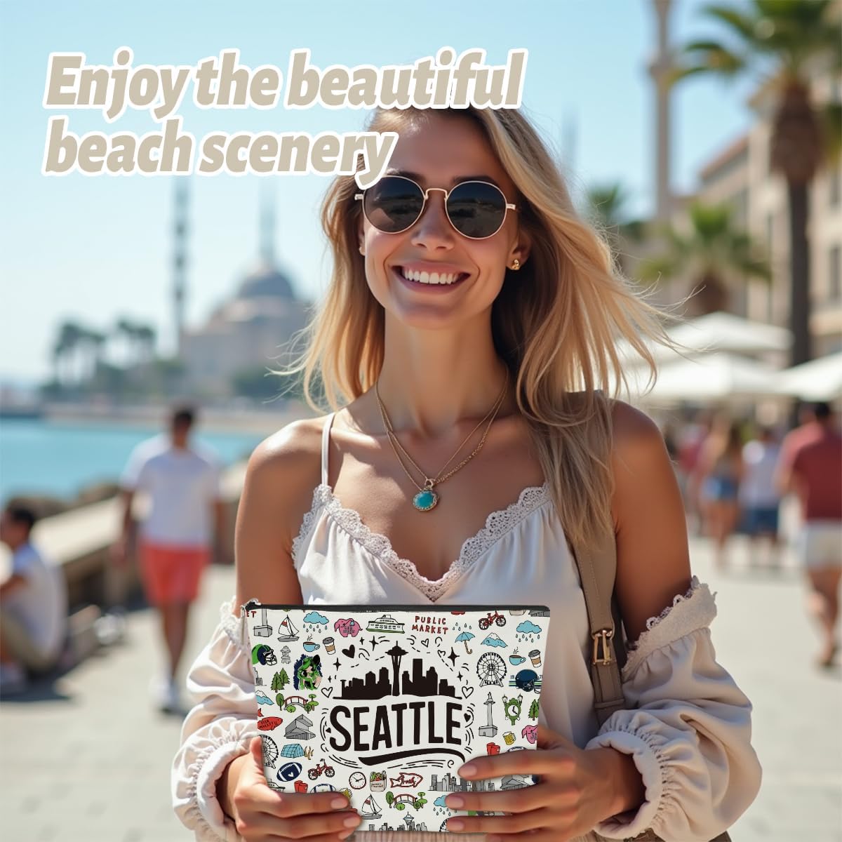 Seattle Themed Makeup Bag - Seattle Souvenirs Gift for Women, Best Friend, Sister - Travel Friendly Cosmetic Bag, Birthday Christmas Gifts